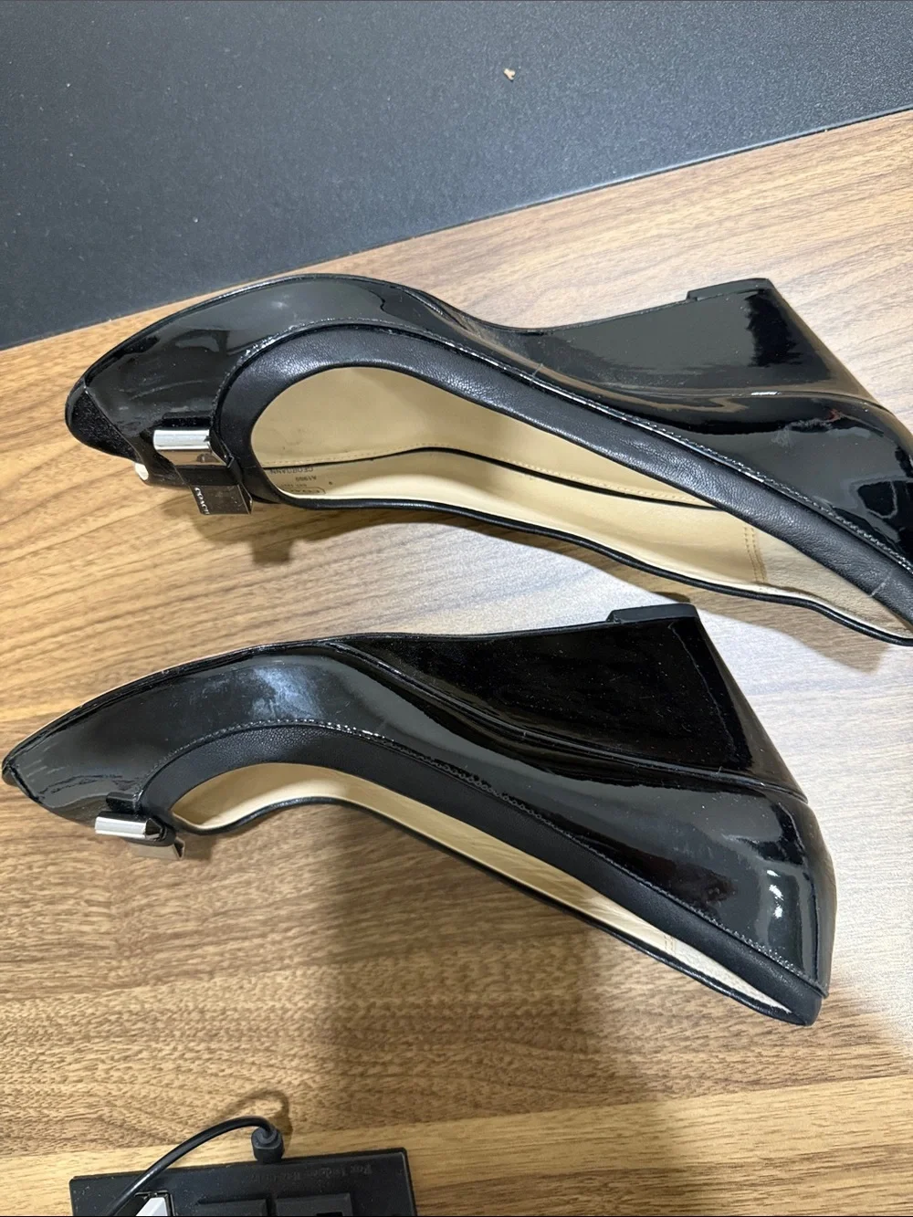 Coach Black Patent Leather Peep-Toe Heels with Bow Accent
